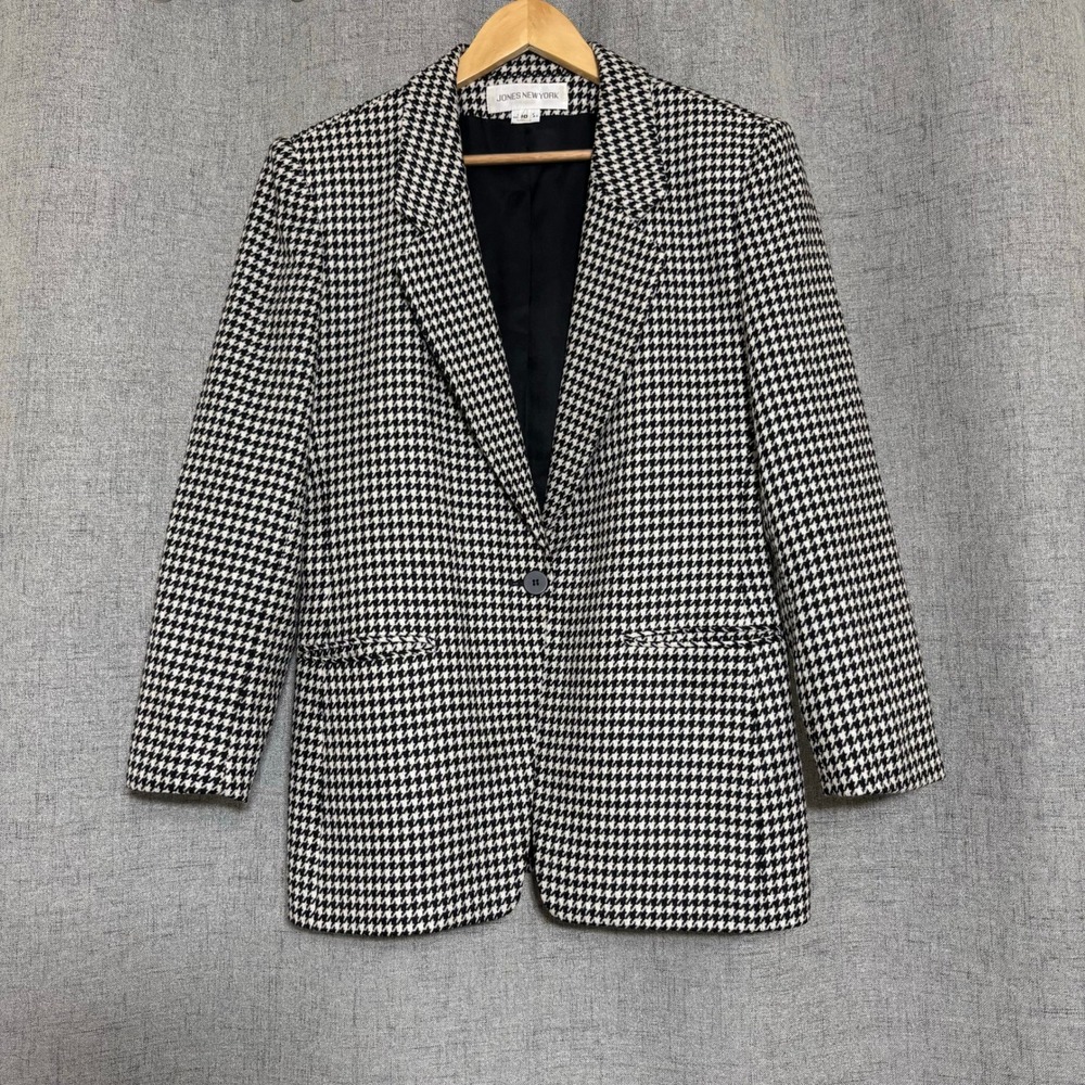 Jones New York Blazer Jacket Women 10 Black White Classic Houndstooth Career
